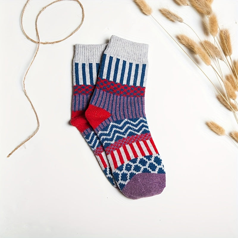 5 Pairs Geometric Pattern Socks Soft Mid Tube Women's Stockings