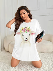 Lamb Print Nightdress Round Neck Short Sleeve Loungewear Dress