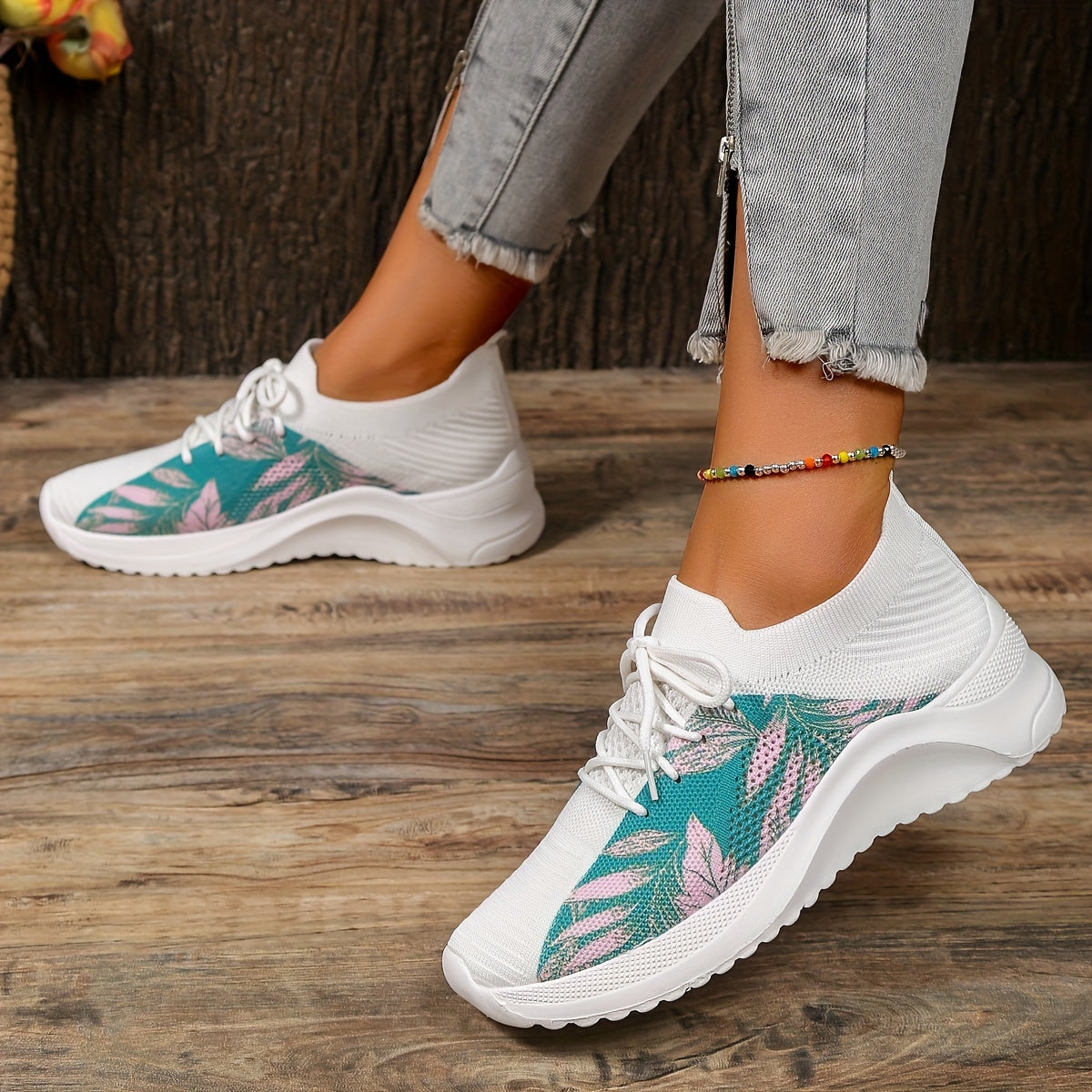 Women's Leaf Print Platform Sneakers Casual Lace Up Outdoor Shoes