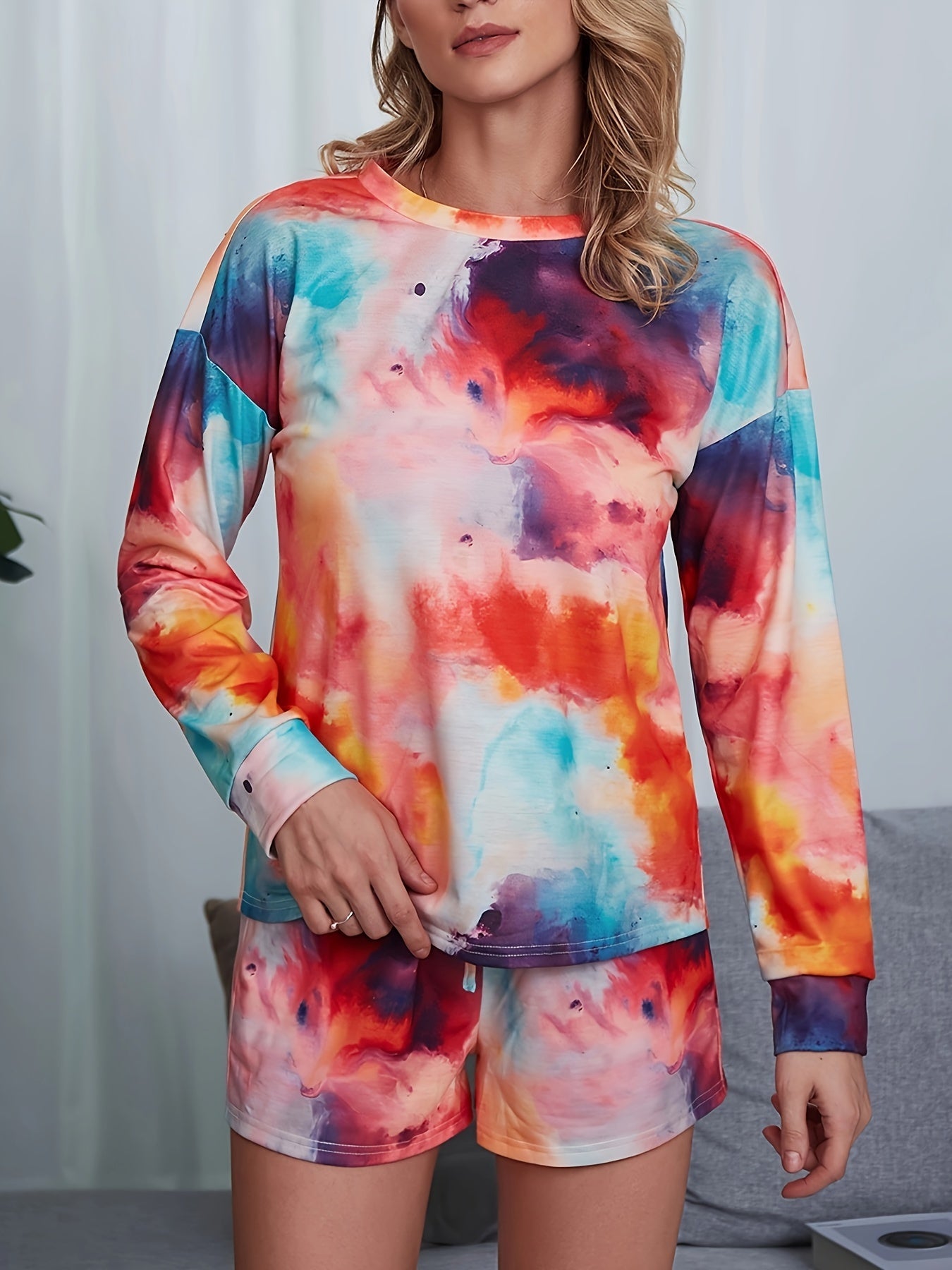 Tie Dye Lounge Set Long Sleeve Top & Shorts