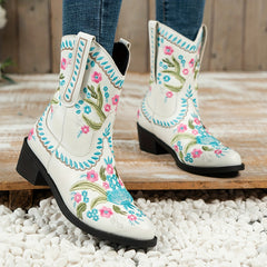 Women's Floral Embroidered Short Boots V Cut Slip On Cowgirl Boots