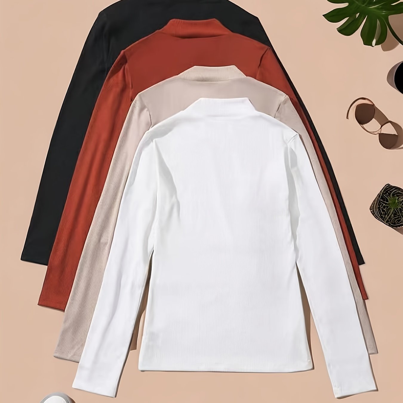 4 Pcs Ribbed Lounge Tops Long Sleeve Crew Neck Women's Loungewear