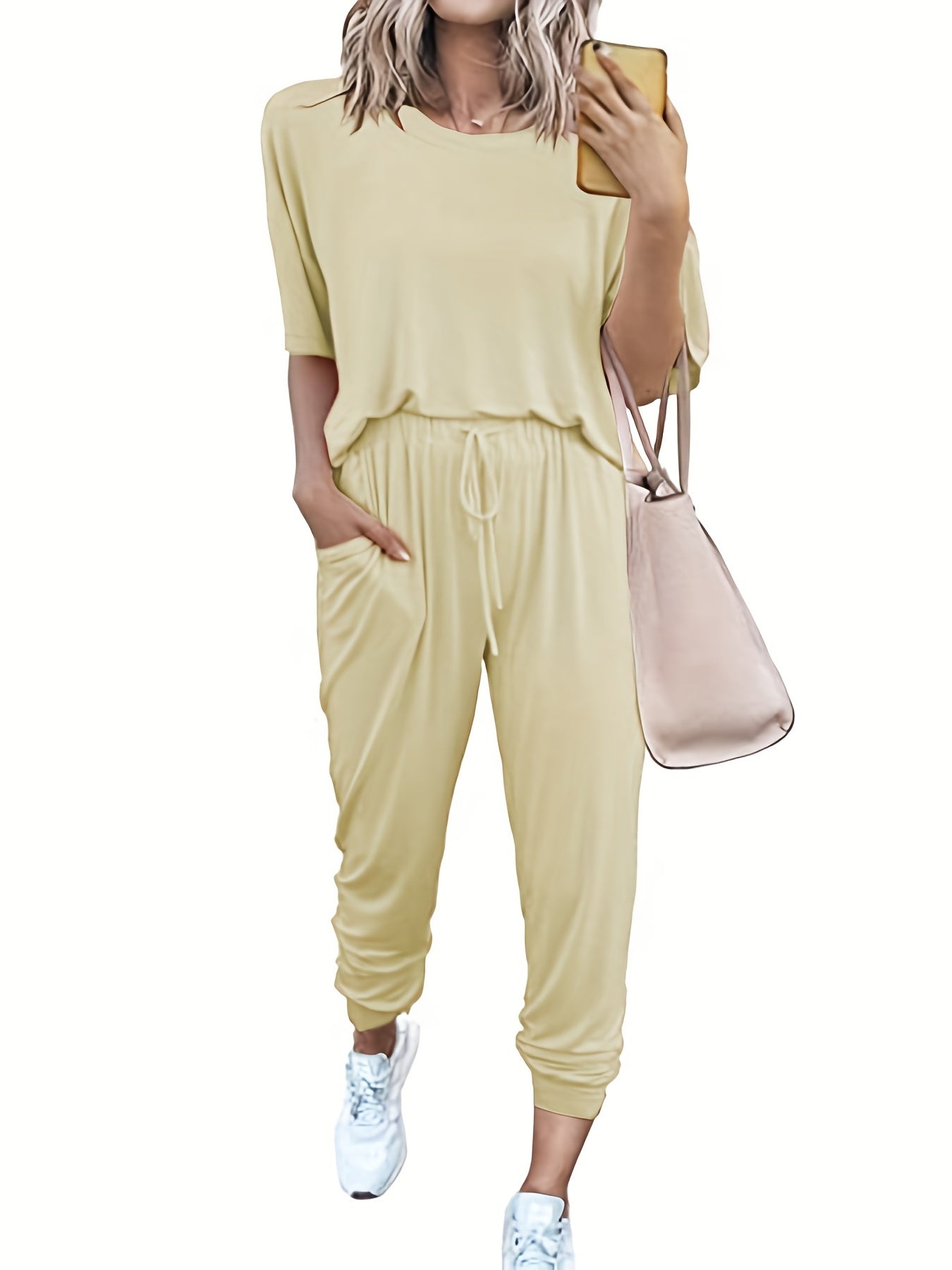 Casual Two-Piece Set Crew Neck Short Sleeve Tops & Drawstring