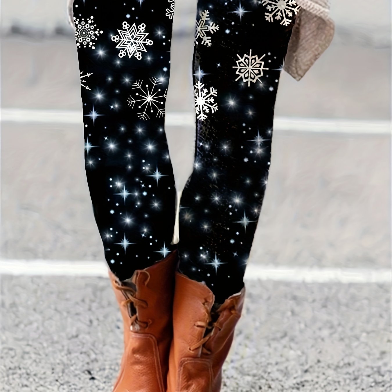  Glitter Snowflake Print High Rise Leggings