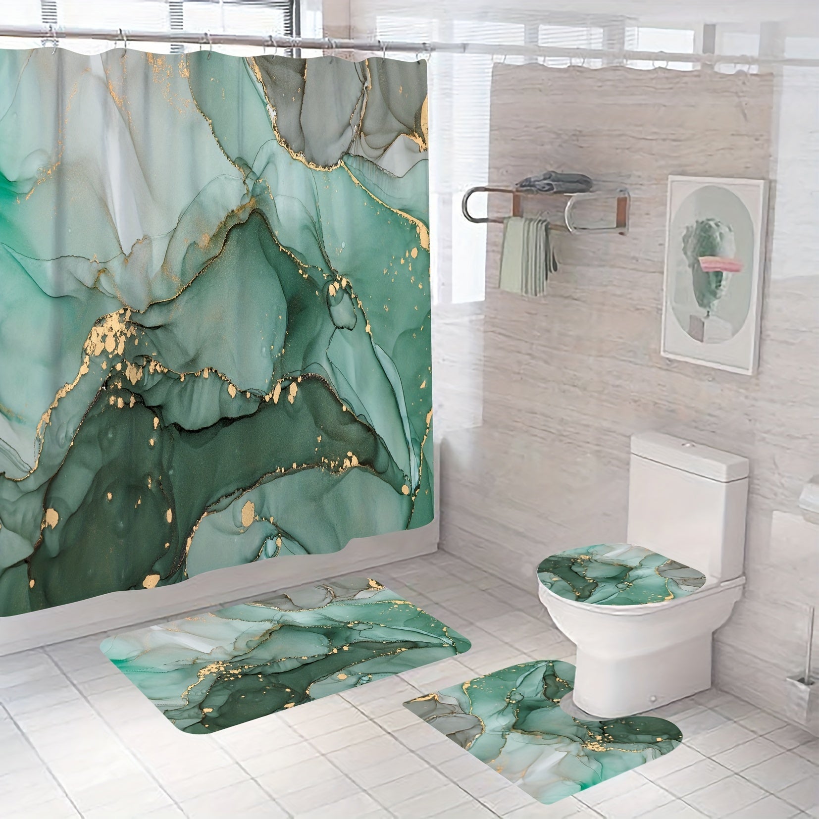 Waterproof Marble Shower Curtain & Bathroom Rug Set
