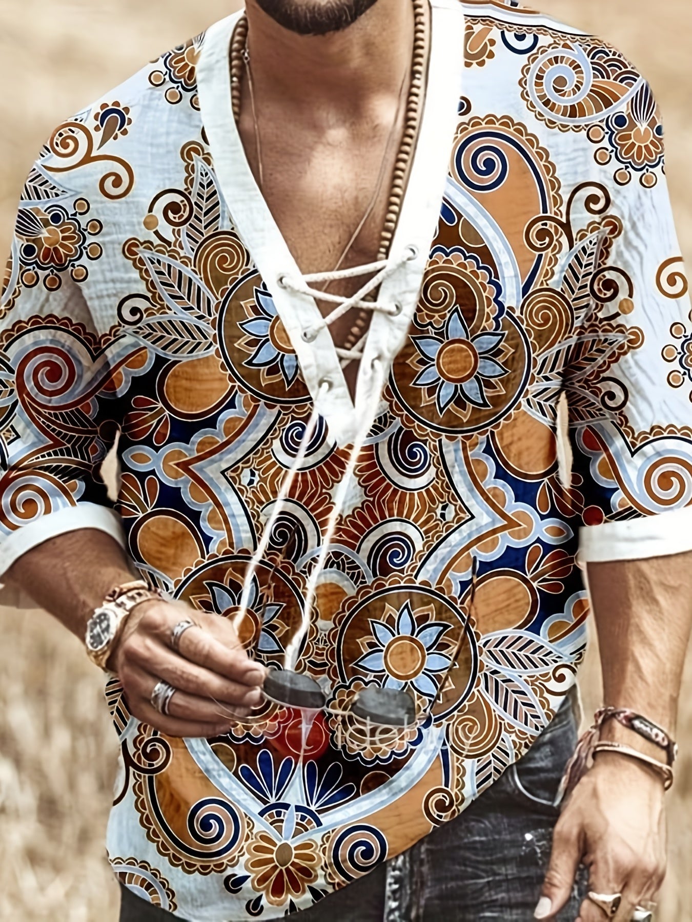 Men's Bohemian Pattern Shirt Top V Neck Lace Up Collar 3 4 Sleeves