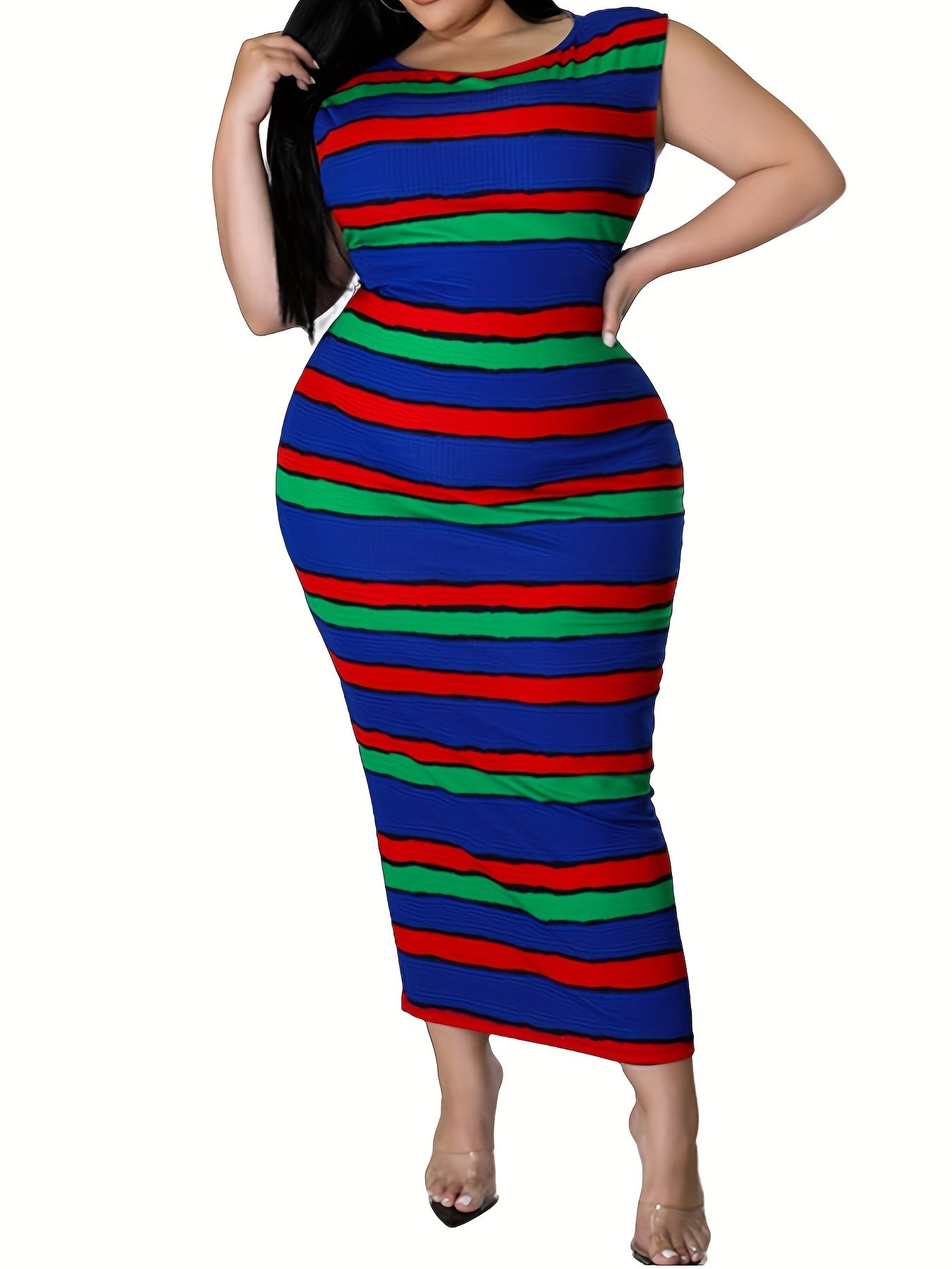  Casual Dress Women's Plus Strip Round Neck Medium Stretch
