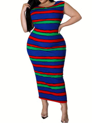  Casual Dress Women's Plus Strip Round Neck Medium Stretch
