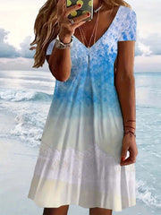  Sea Print Short Sleeve V Neck Dress