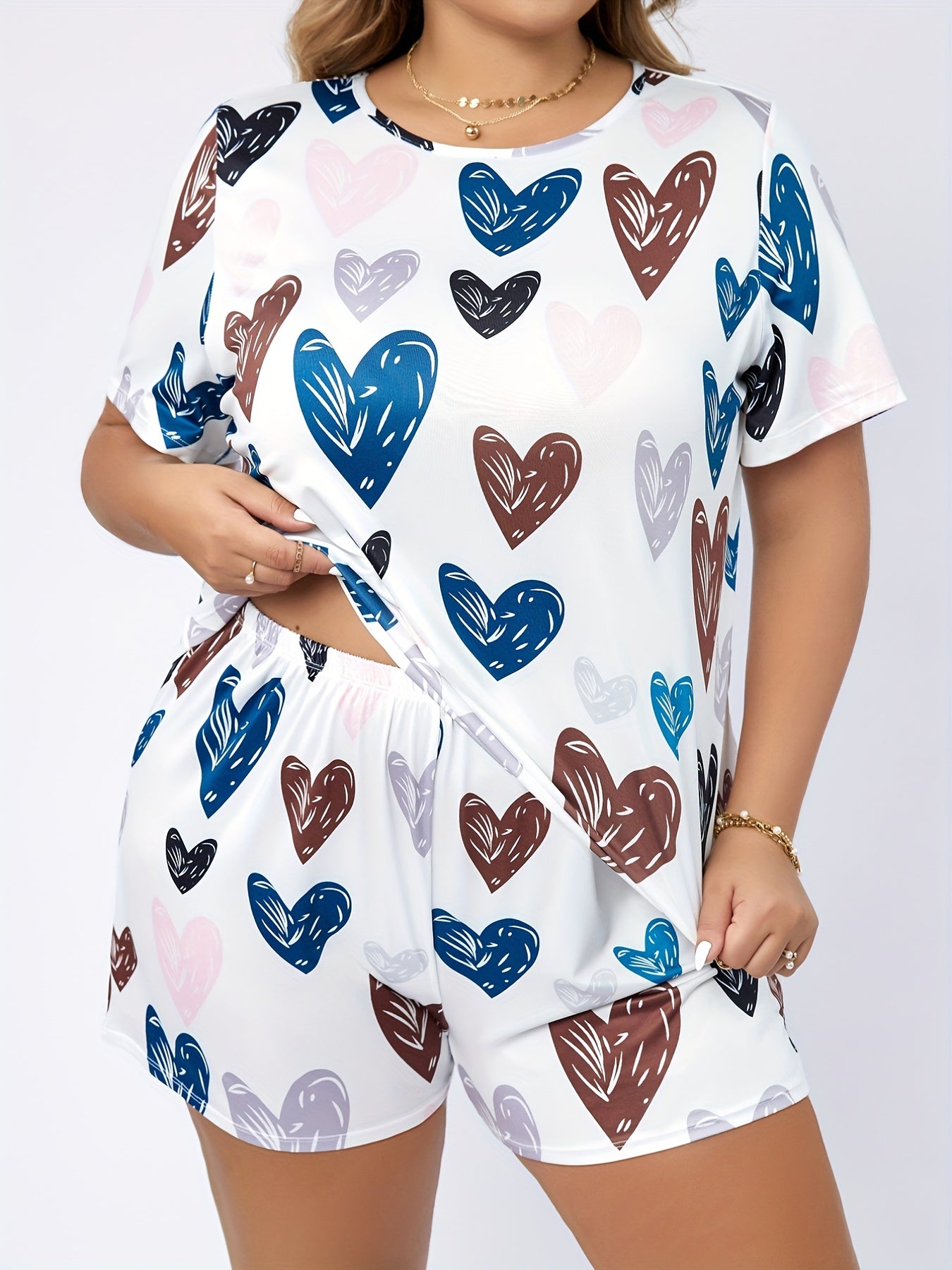  Heart Print Tee & Shorts Pajama Set