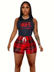  Tank Top & Plaid Shorts Two Piece Set