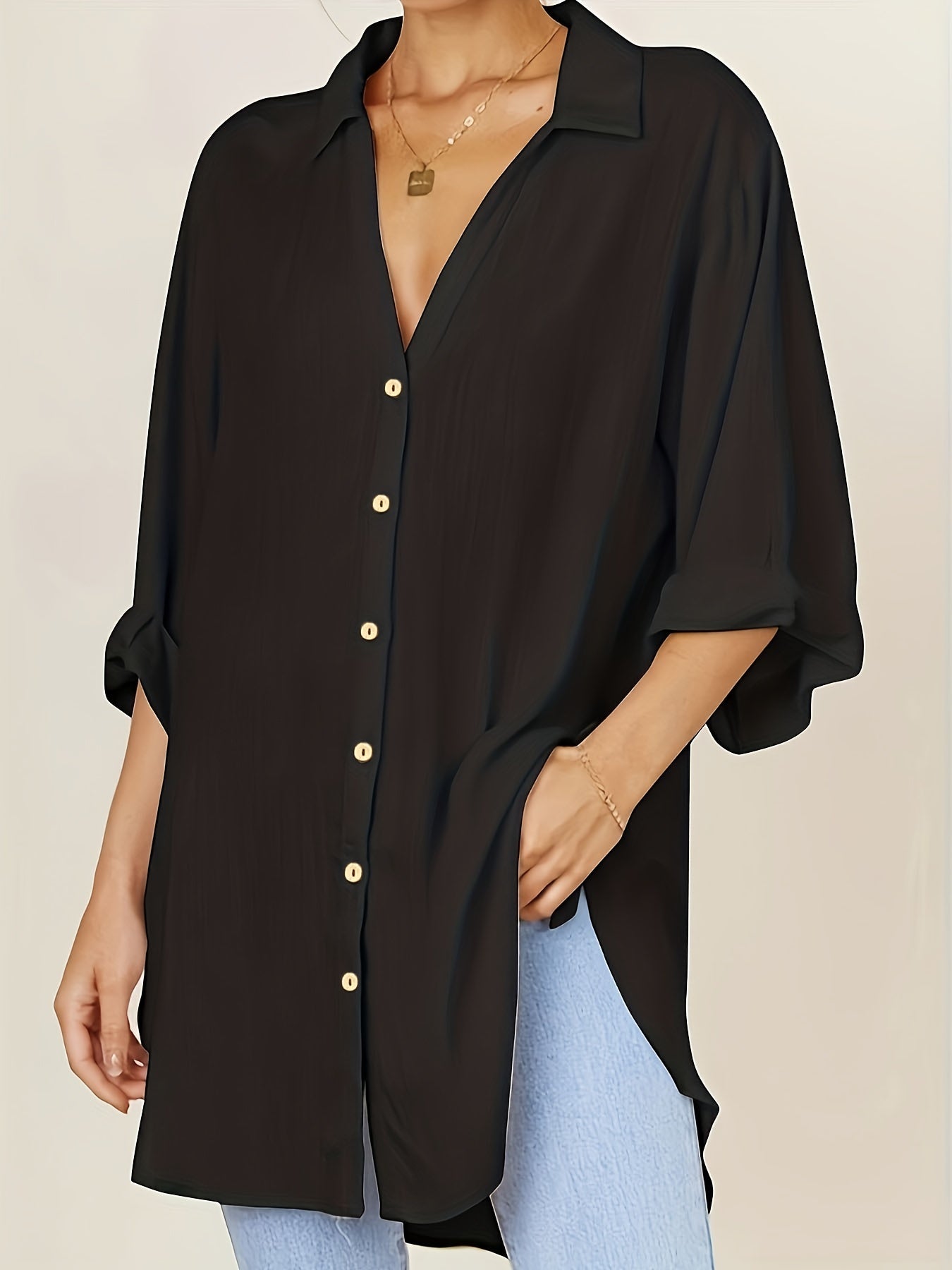  Solid Button Up Blouse Roll Up Sleeve Notched Neck