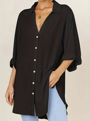  Solid Button Up Blouse Roll Up Sleeve Notched Neck