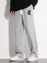 Crown Pattern Letter Print Mopping Trousers Men's Casual Loose Fit