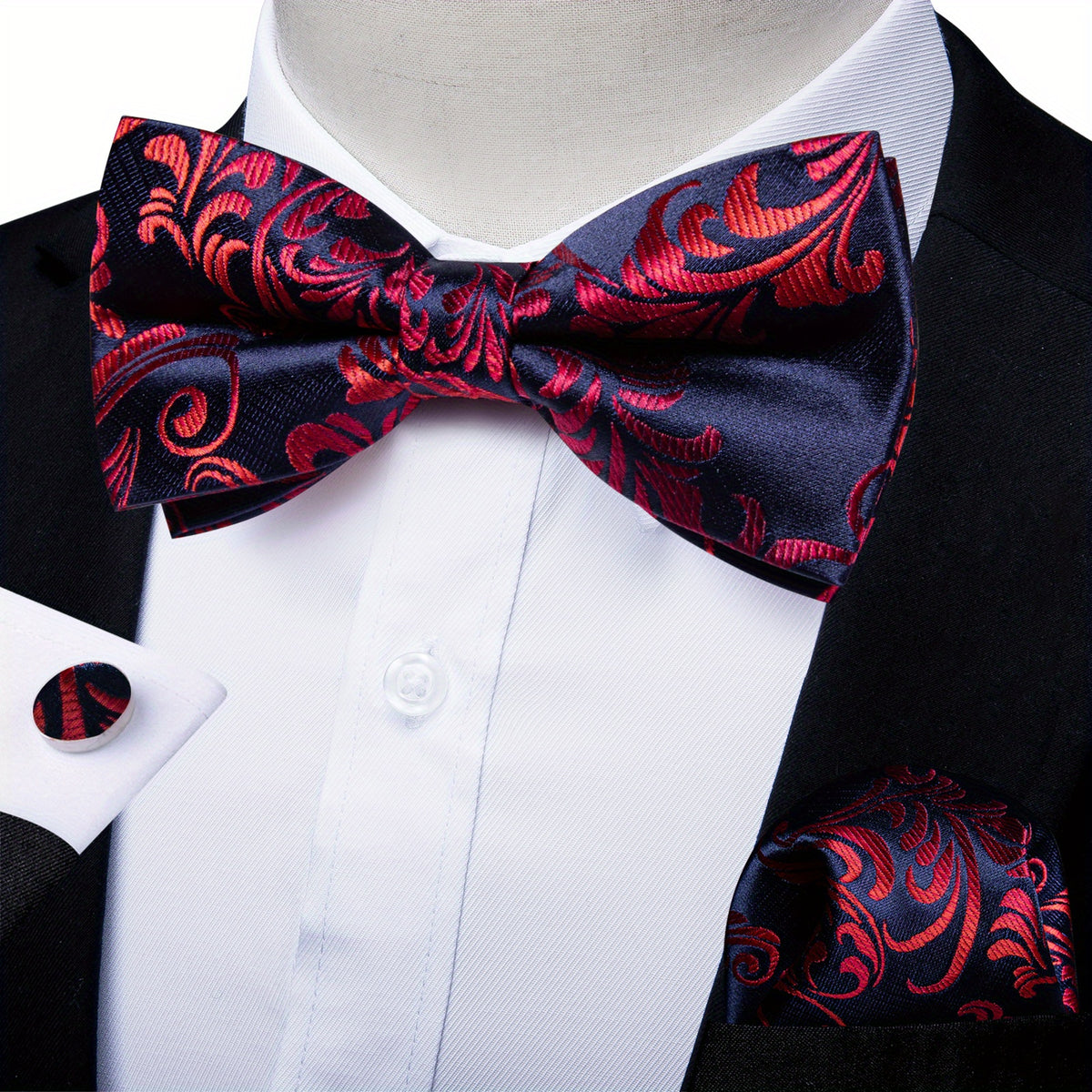 Men Silk Paisley Cravat Cufflinks Hanky Set Wedding Butterfly Tie