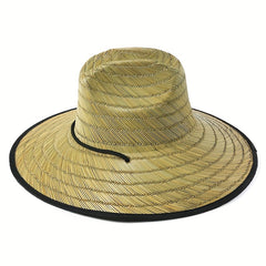 Green Striped Crochet Sun Hat Wide Brim Vintage Boho Straw Hat