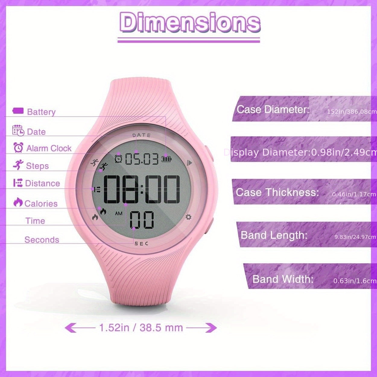 Pink Digital Pedometer Watch Step Counter Stopwatch Alarm Date Time Waterproof T