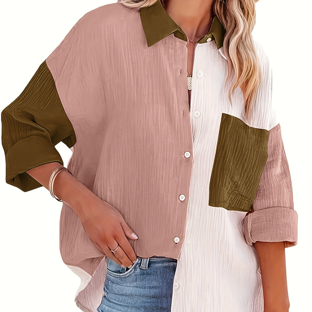  Colorblock Textured Button Up Shirt