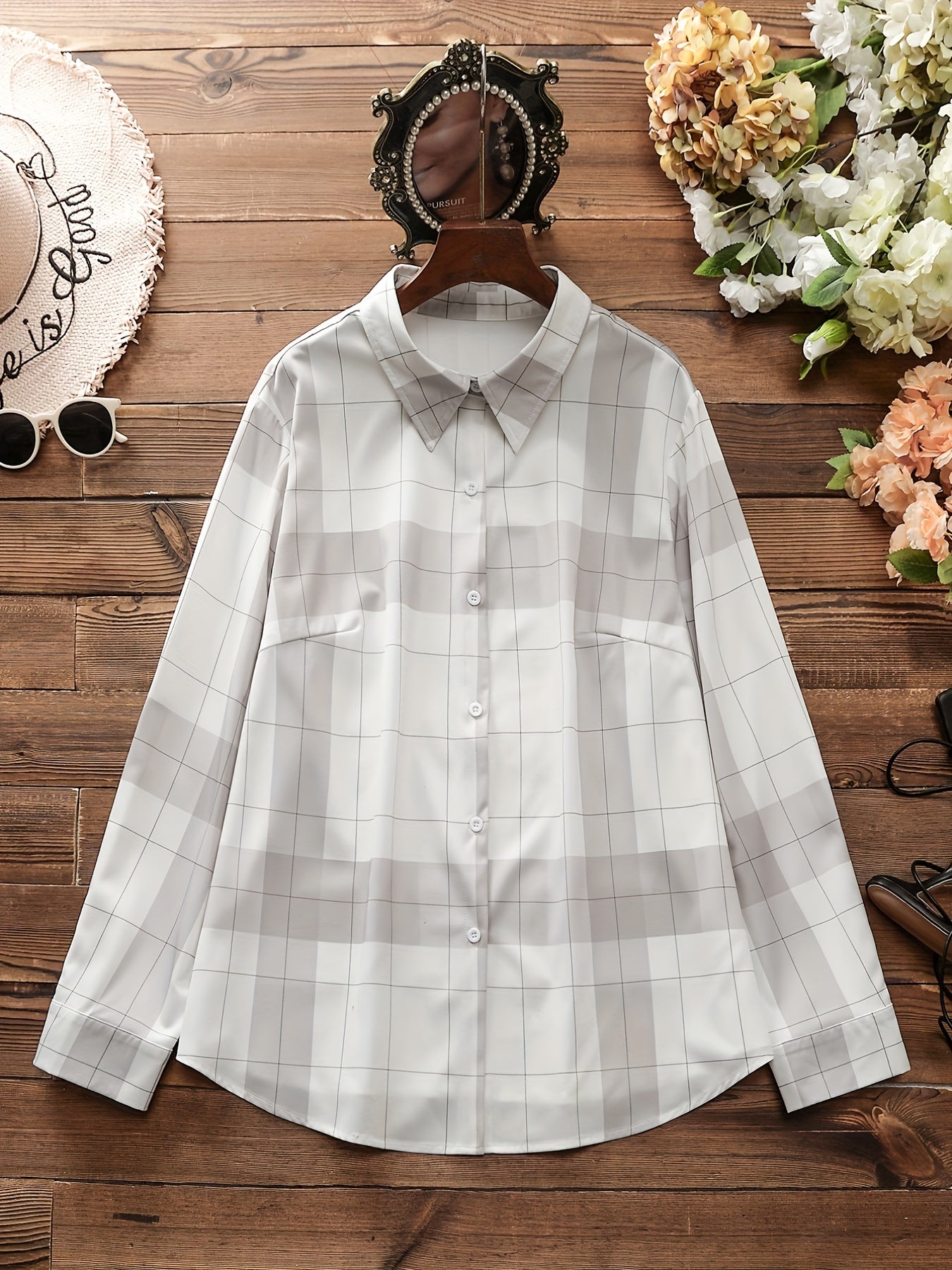  Colorblock Grid Print Button Up Blouse