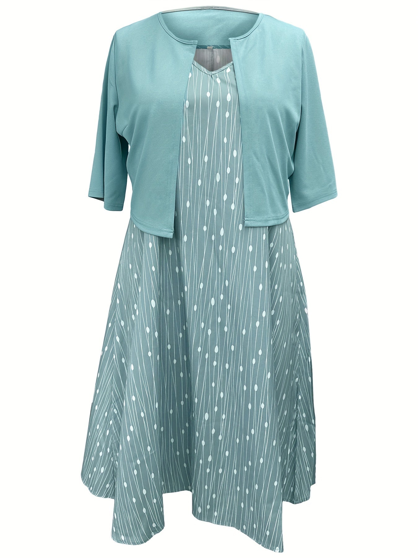 Plus Dot & Stripe Print V Neck Cami Dress & Cardigan Outfit Set