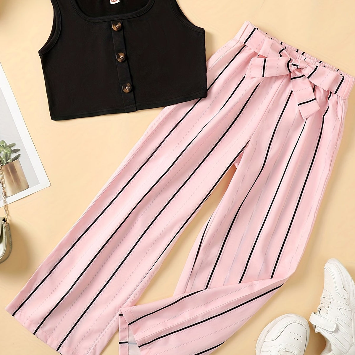2pcs Toddler Girls Button Front Tank Tops & Vertical Stripes Belted Pants Set