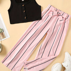 2pcs Toddler Girls Button Front Tank Tops & Vertical Stripes Belted Pants Set