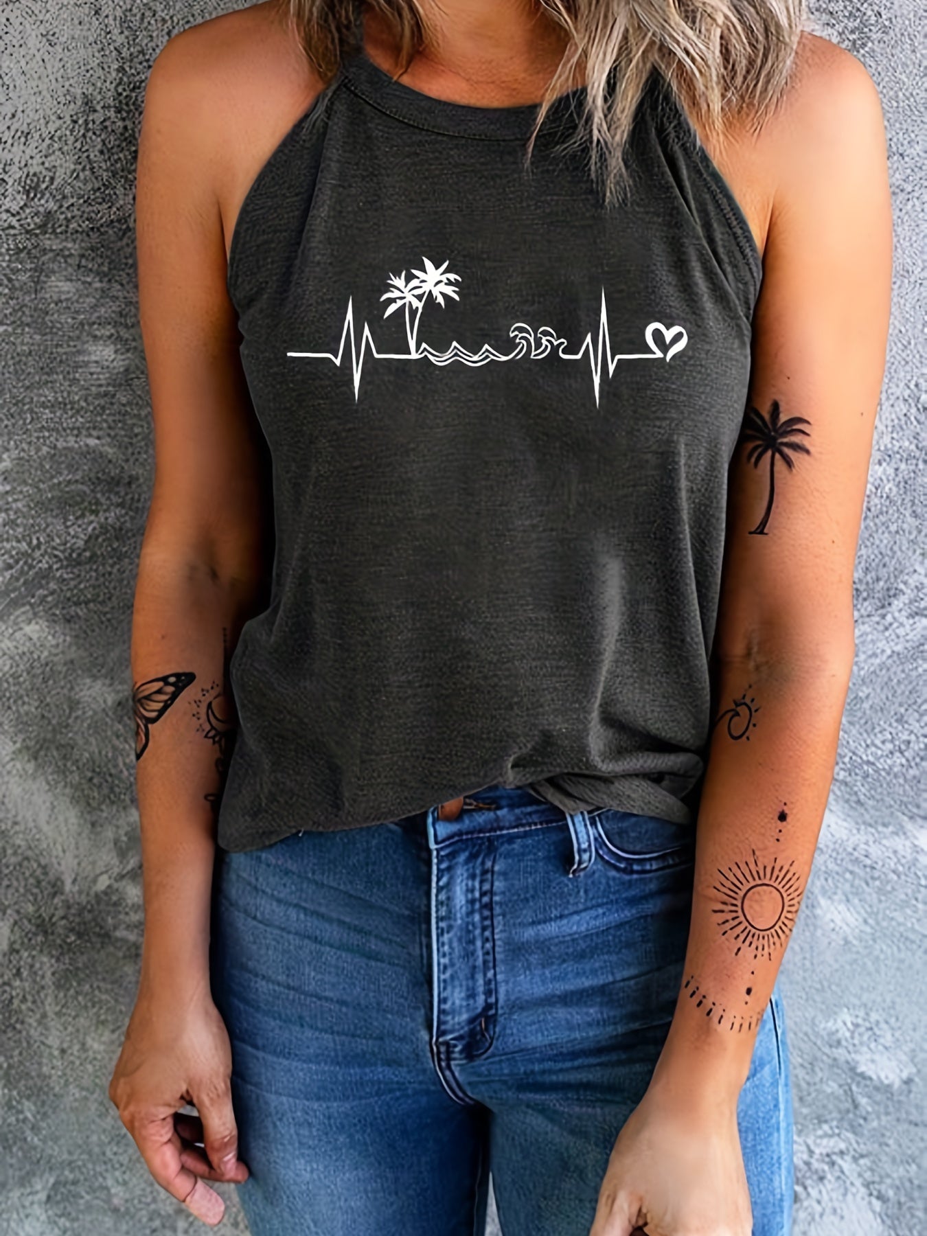 Coconut Tree Print Crew Neck Sleeveless Top