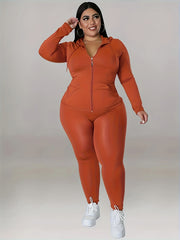  Solid Zip Up Hoodie & Pants Set Women's Plus Medium Stretch Sportswear