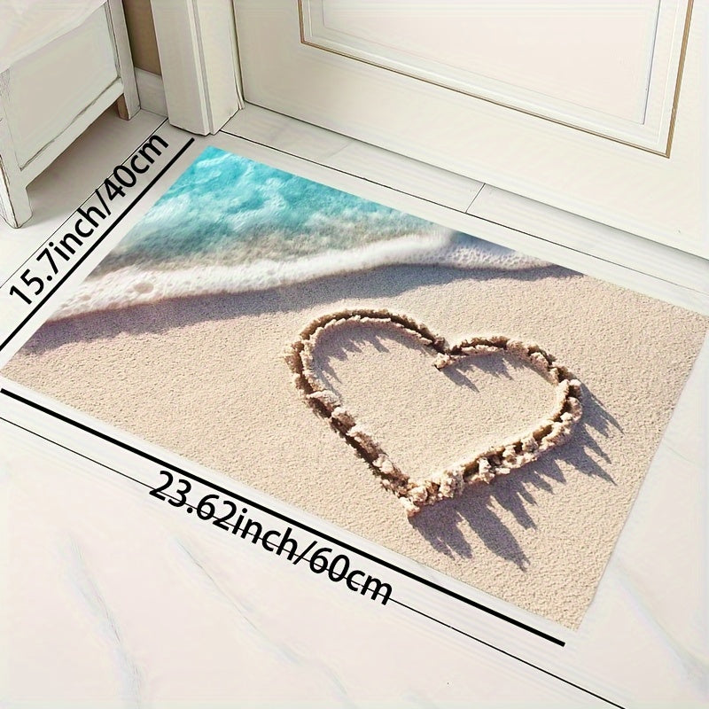 Romantic Wave & Heart Print Rug - Machine Washable Kitchen Carpet