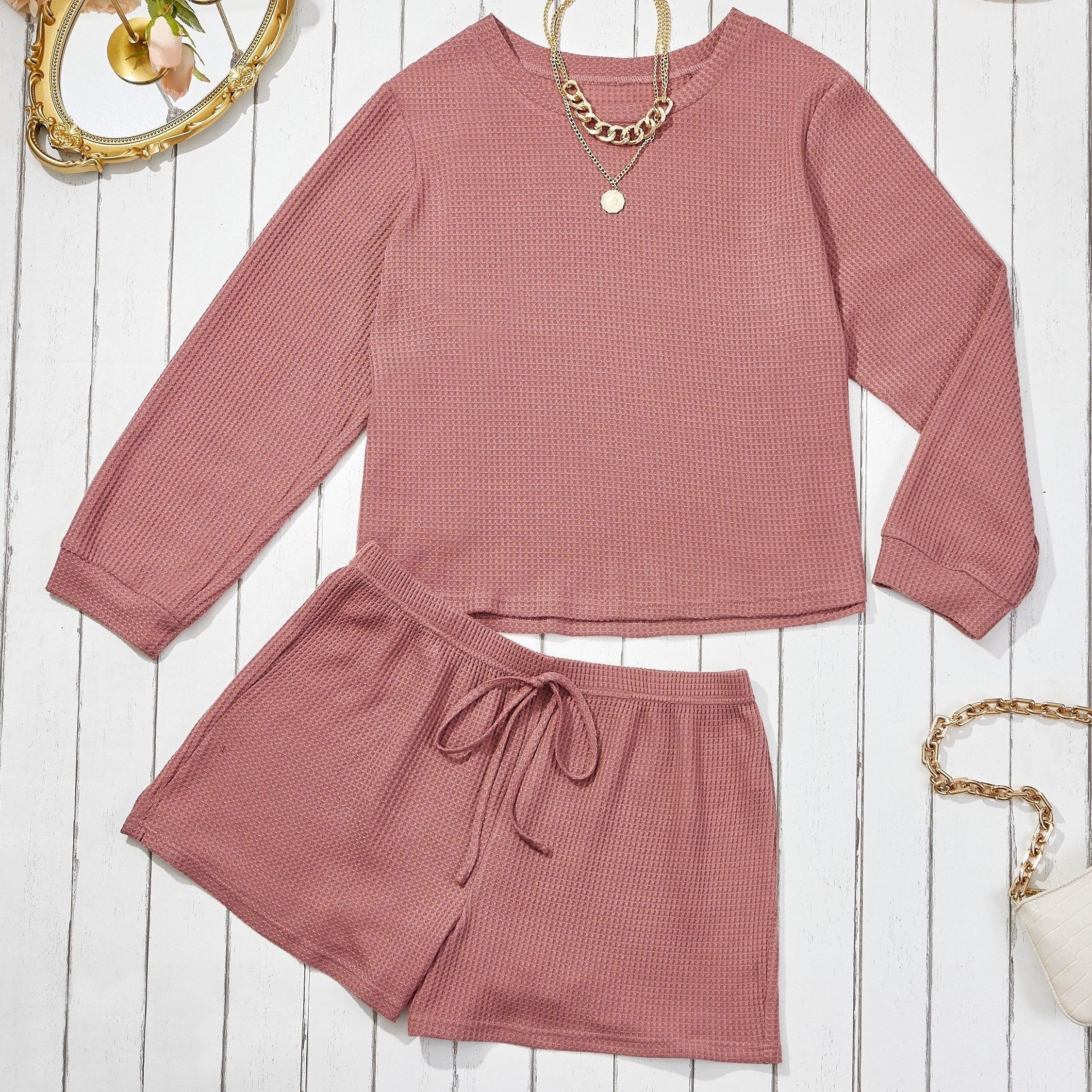  Waffle Pattern Long Sleeve Top & Shorts 2 Piece Set
