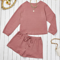  Waffle Pattern Long Sleeve Top & Shorts 2 Piece Set