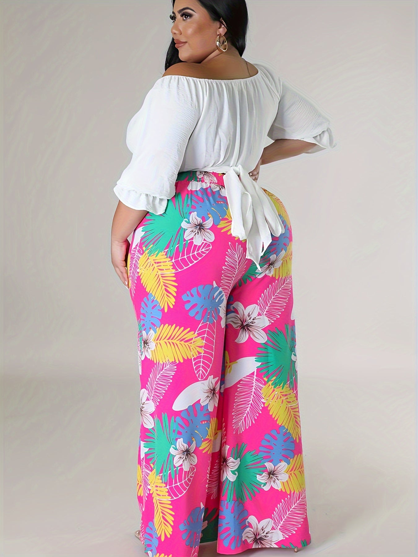  Tropical Print Wide Leg Boho Pants