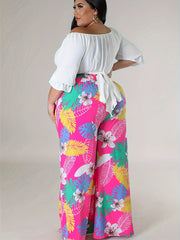  Tropical Print Wide Leg Boho Pants