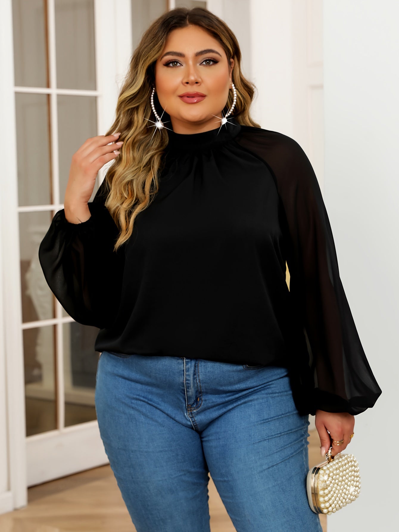  Mesh Lantern Sleeve Mock Neck Top