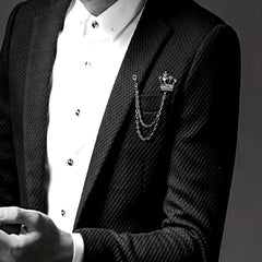 Men's Crystal Crown Tassel Brooch Pin Chain
