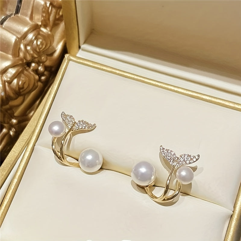 Pearl Fishtail Earrings With Rhinestone Drop Studs