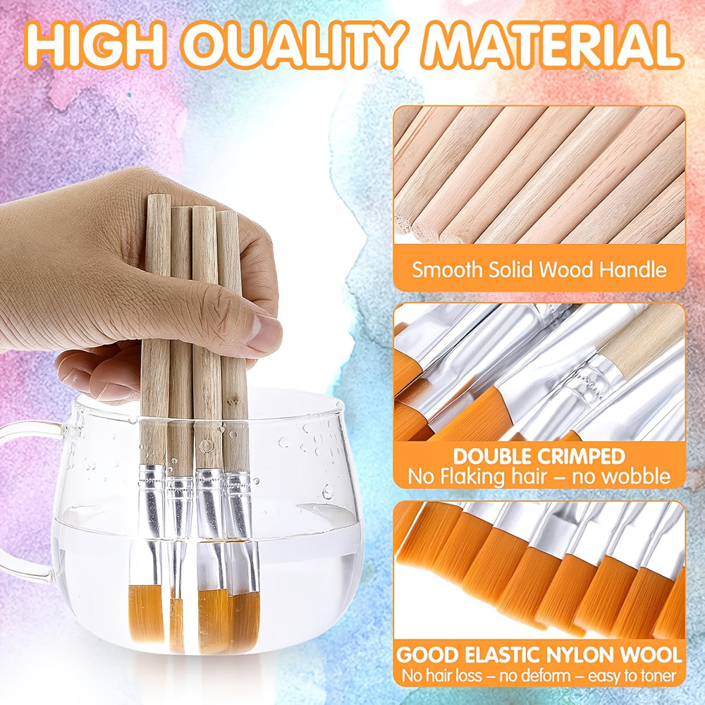 10pcs Flat Paintbrushes Wooden Handle Craft Watercolor Small Brush Set Art