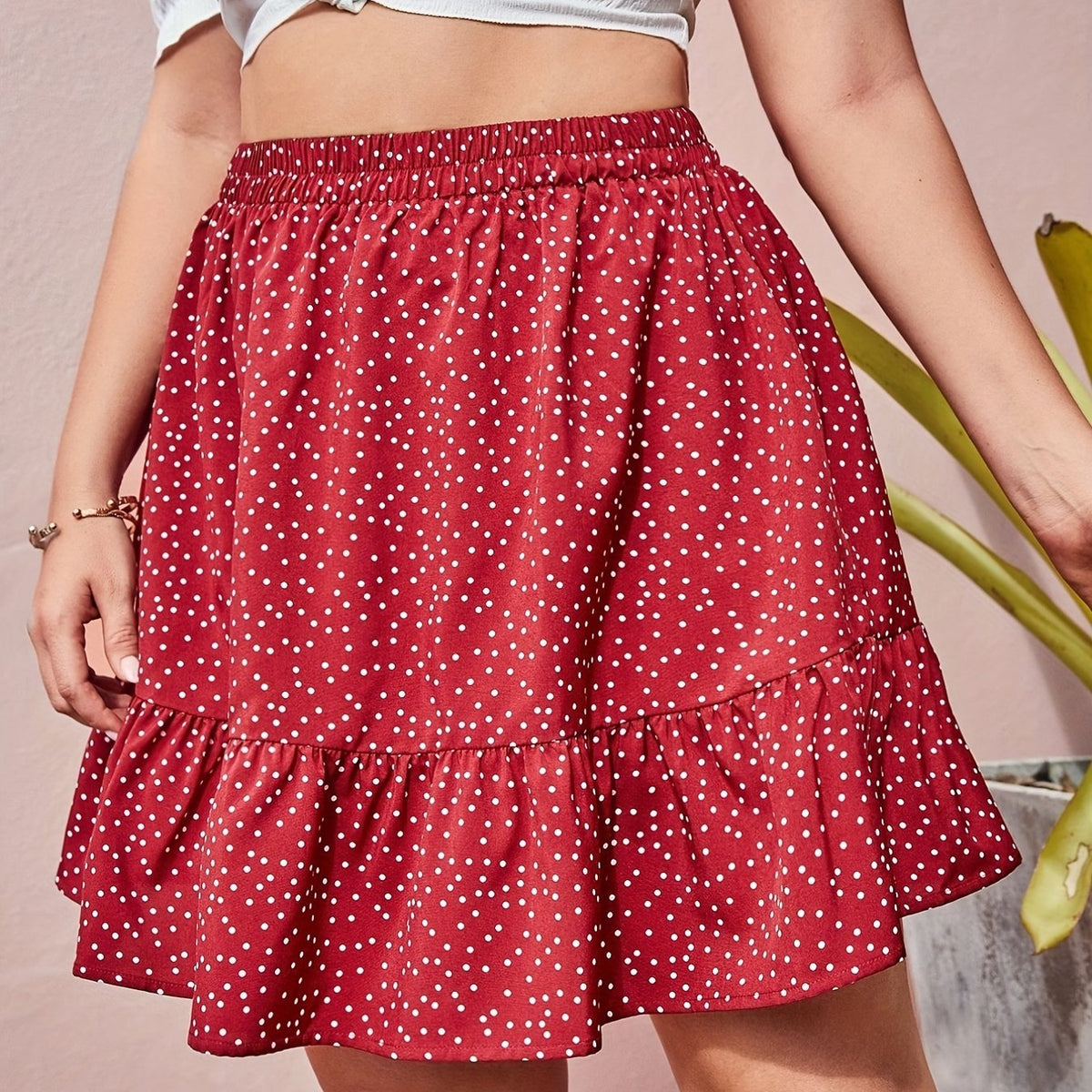Women's Plus Polka Dot Ruffle Trim Mini Skirt