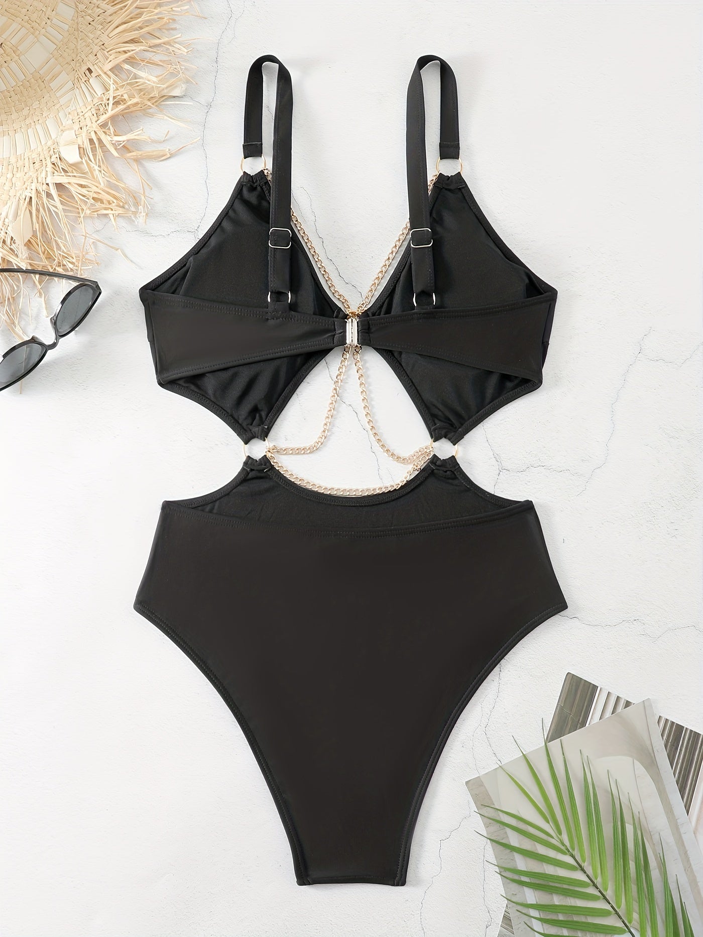  Sexy Swimsuit Solid Chain One Piece Bathing Suit