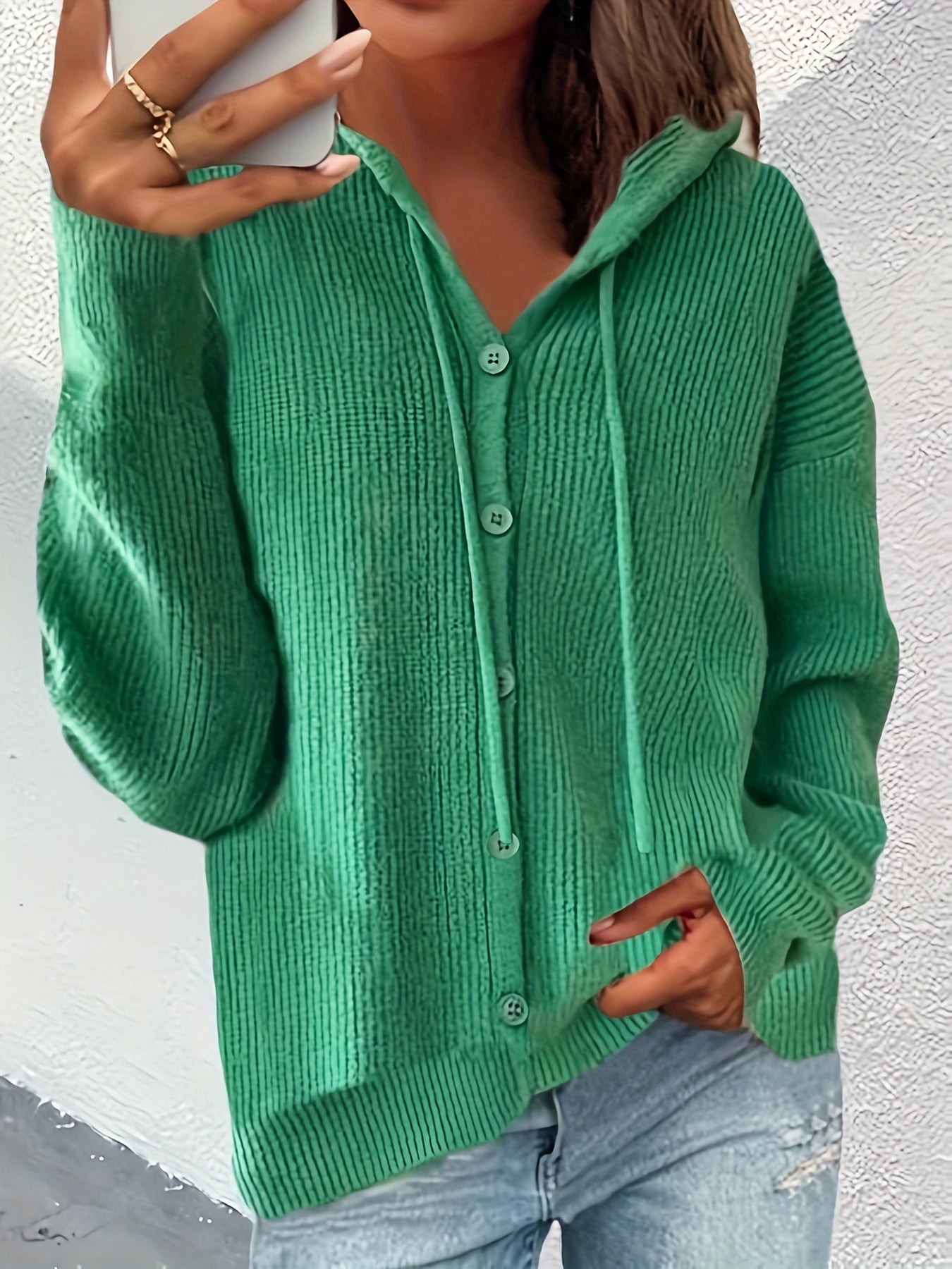  Solid Button Up Hooded Cardigan