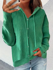  Solid Button Up Hooded Cardigan