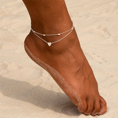 Double Layers Chain Anklet with Mini Love Heart Beads Adjustable Bracelet