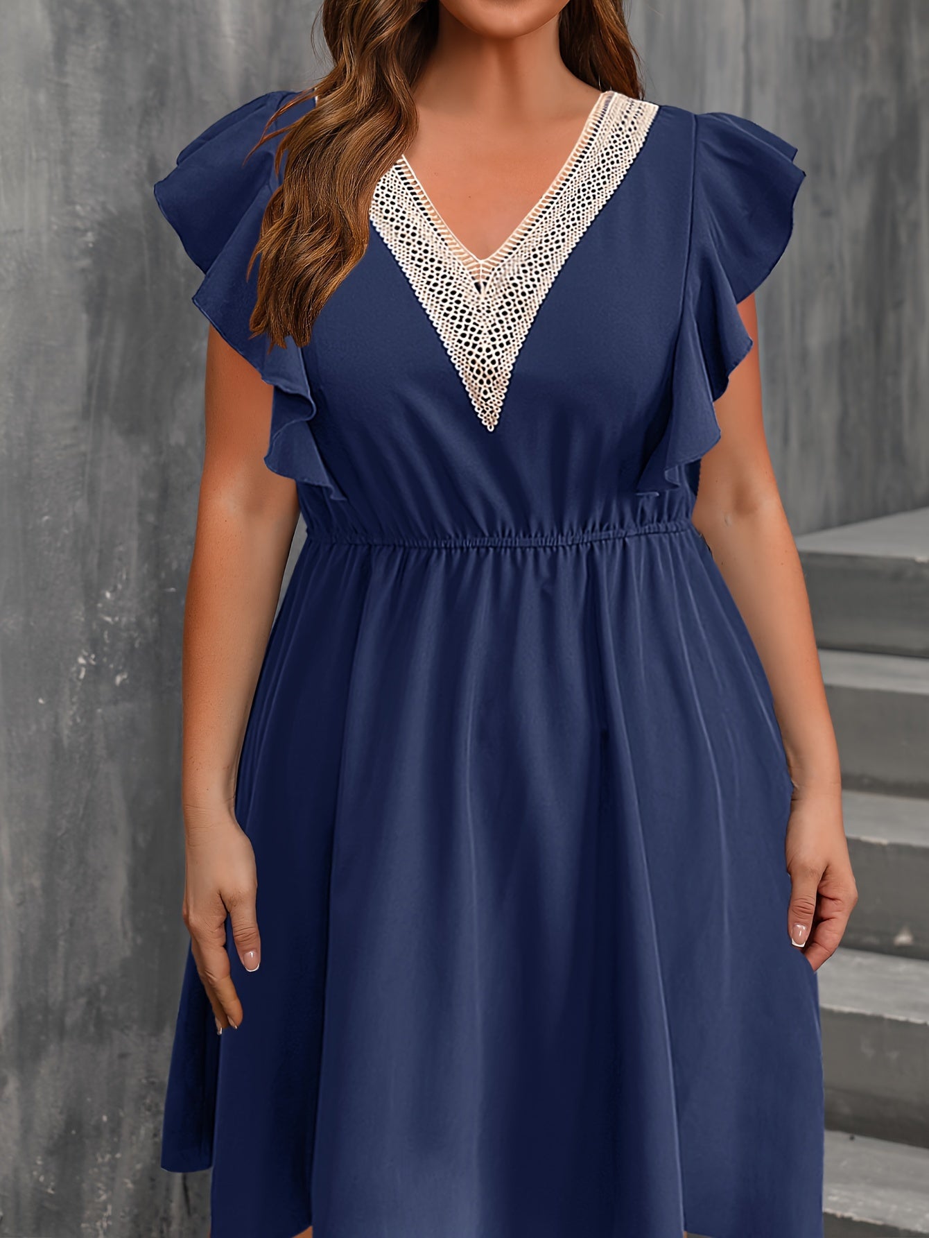  Colorblock Lace Ruffle Sleeve V Neck Dress