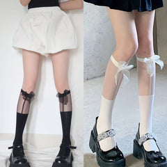 2 Pairs Bow Mesh Stitching Calf Socks Knee High Women's Stockings