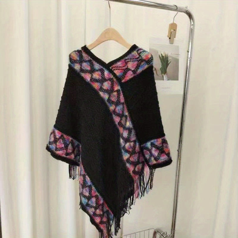 National Style Knitted Fringed Shawl V Neck for Spring & Autumn