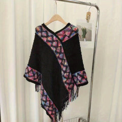 National Style Knitted Fringed Shawl V Neck for Spring & Autumn