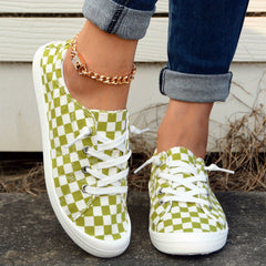 Women's Green Grid Lace Up Shoes Comfy & Lightweight Canvas Shoes