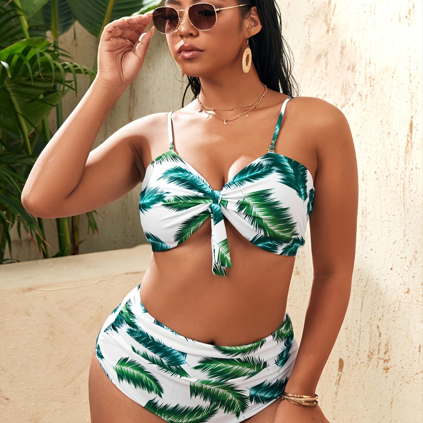  Tropical Print Knot Front Bikini Set High Stretch Swimsuit