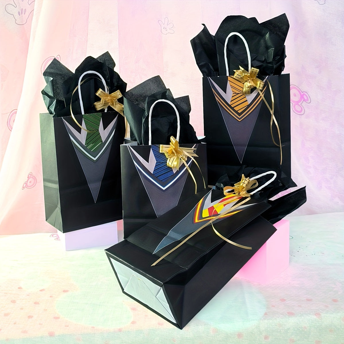4pcs Men's Tie Theme Gift Bag Set with Wrapping Paper & Bows