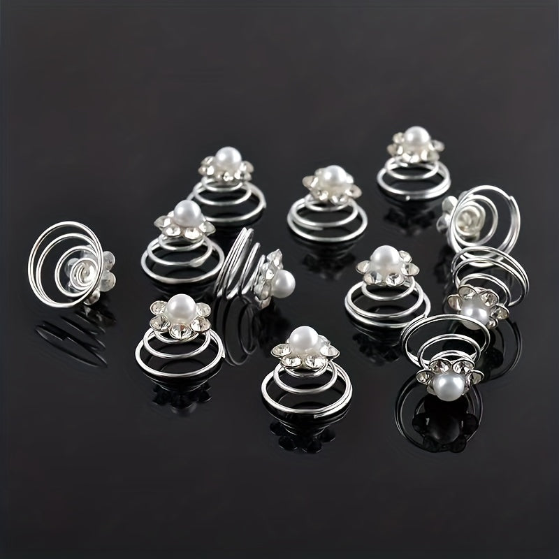 12pcs Faux Pearl Hair Coil Ring Spiral Hairpin Wedding Bridal Hair Accessories